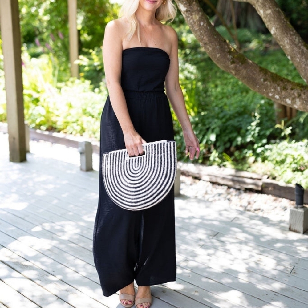 Connencted Apparel Strapless Draw String Waist Long Jersey Maxi Black Jumpsuit